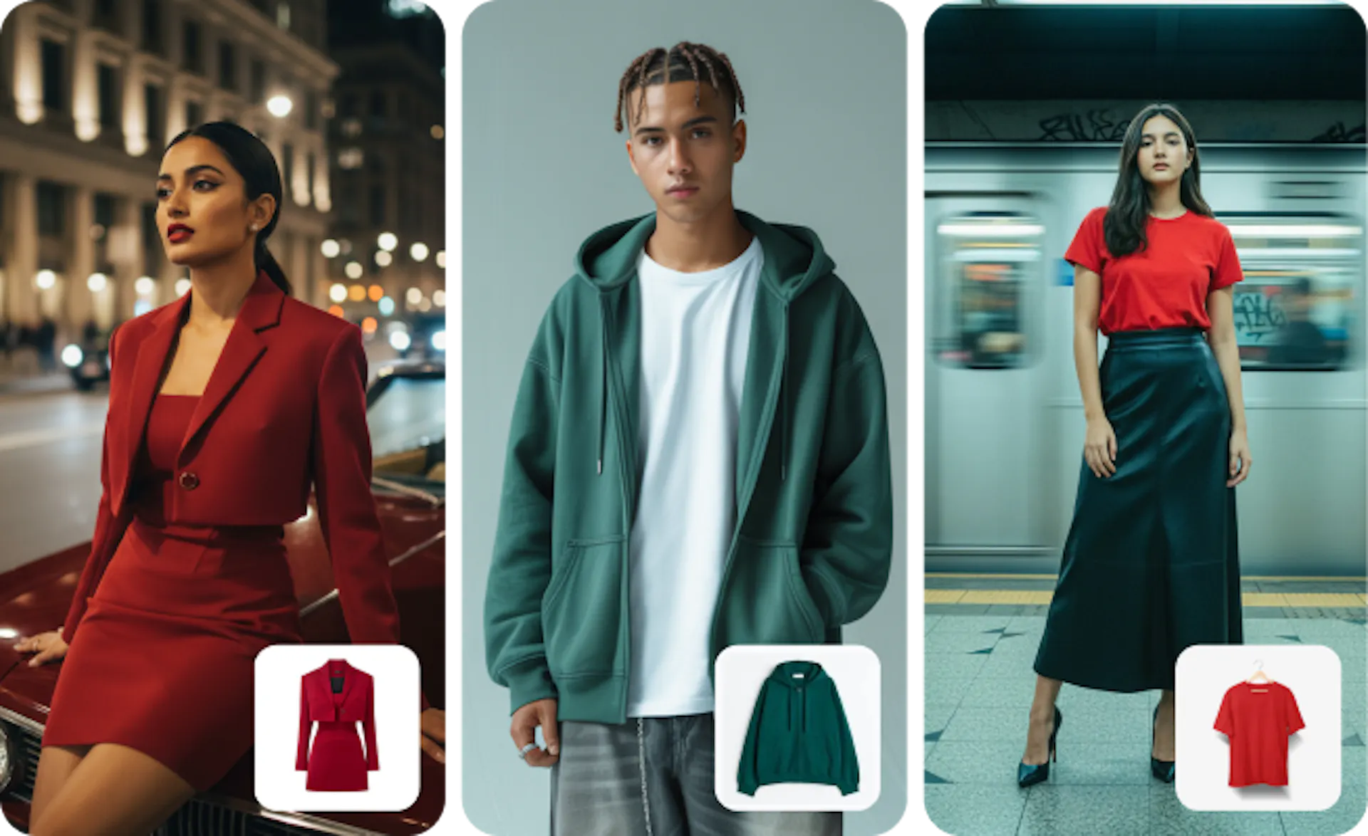 3 examples showcasing clothing applied on try on models 