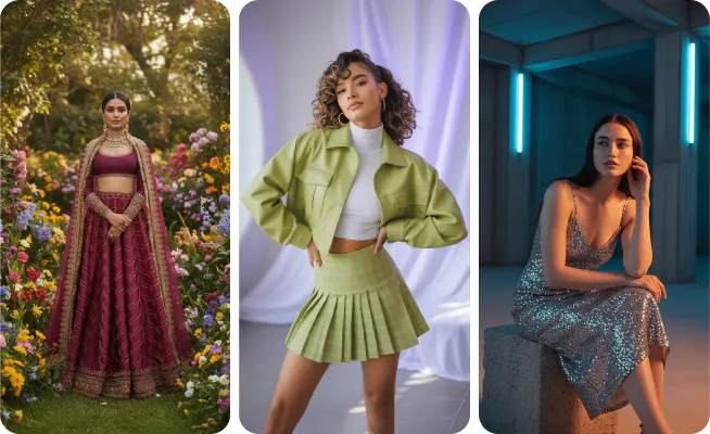 3 examples of fashion magazine like photos generated by AI models