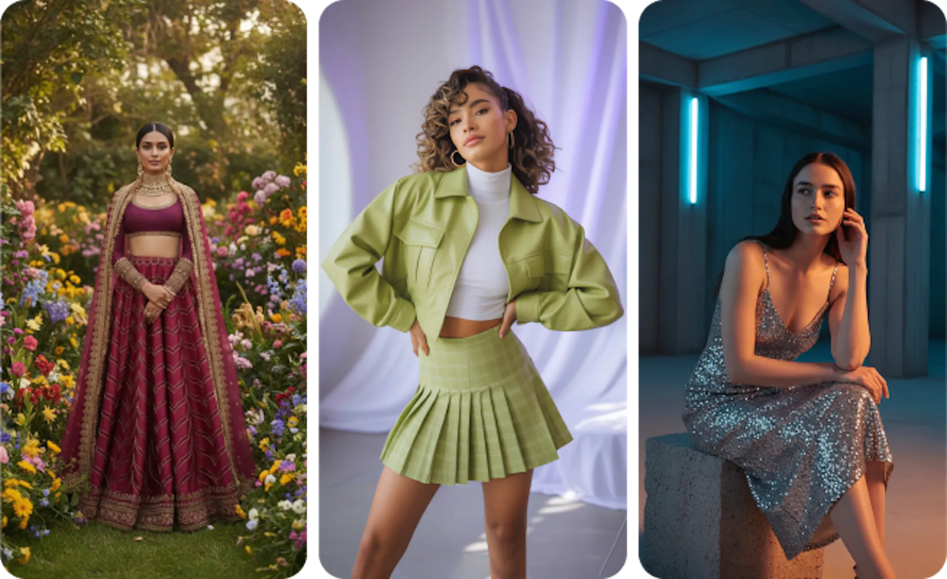 3 examples of fashion magazine like photos generated by AI models 