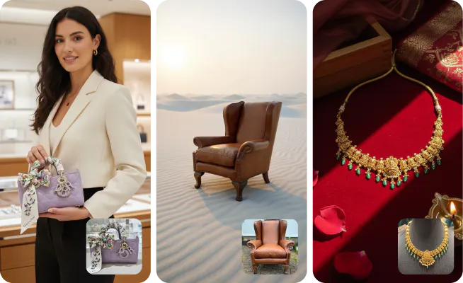 A woman holding a bag, a chair in desert, and a jewellery case highlighted with sunlight