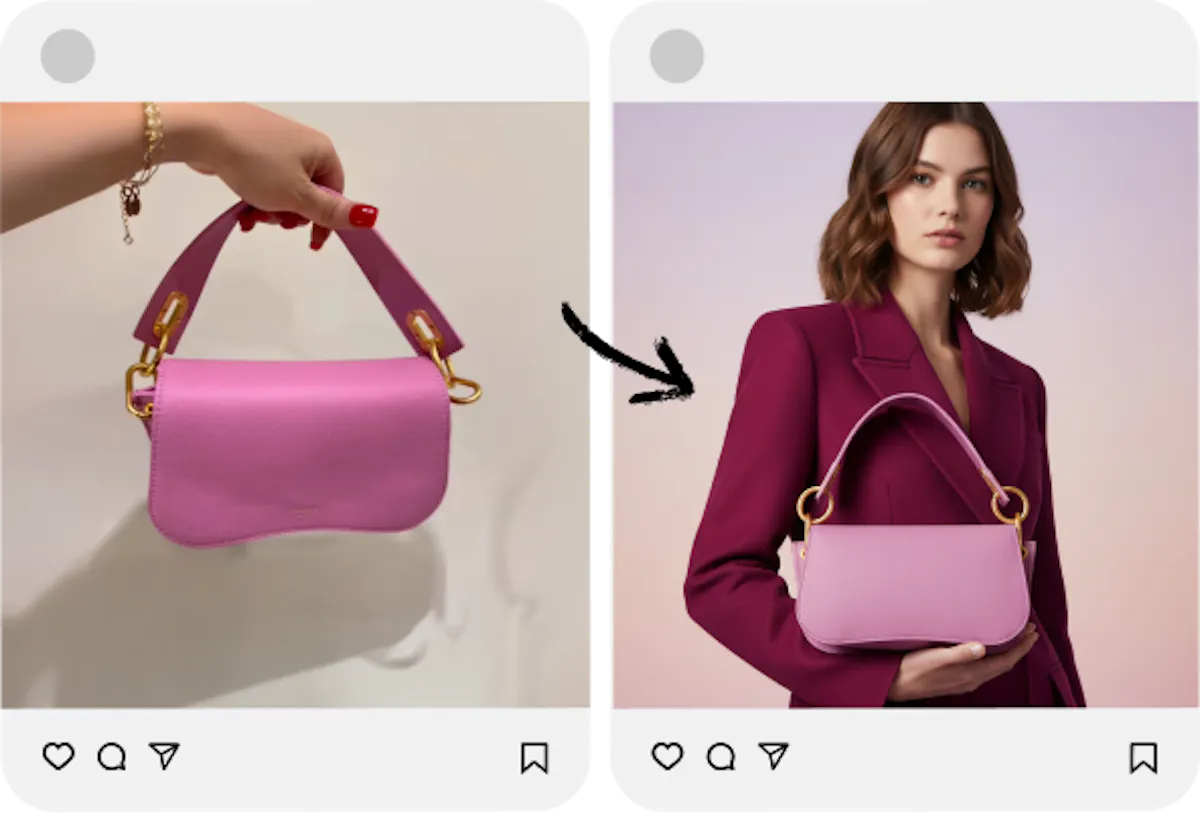 A bad photo of a bag held by arms vs a great looking photo of a model holding a bag