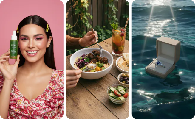 A model holding a cosmetic, a boho setting of a food bowl, and a ring box floating in water