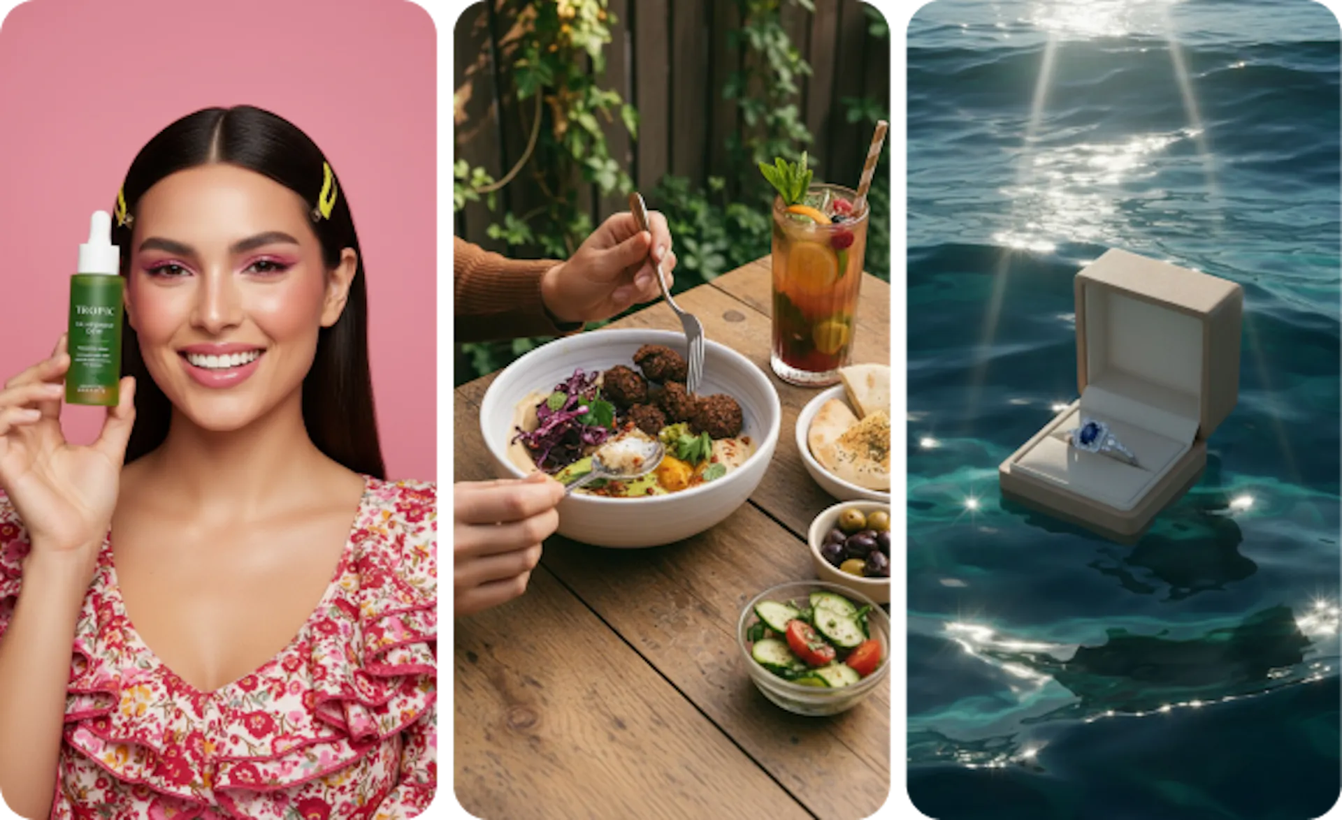 A model holding a cosmetic, a boho setting of a food bowl, and a ring box floating in water