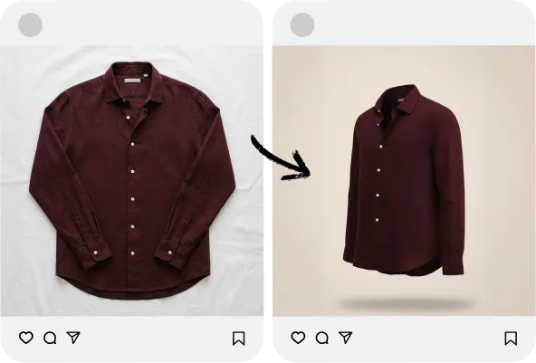 A before after shot. In before shot, a lousy flat lay image uploaded to social media, vs after, where a eye capturing ghost mannequin shot uploaded