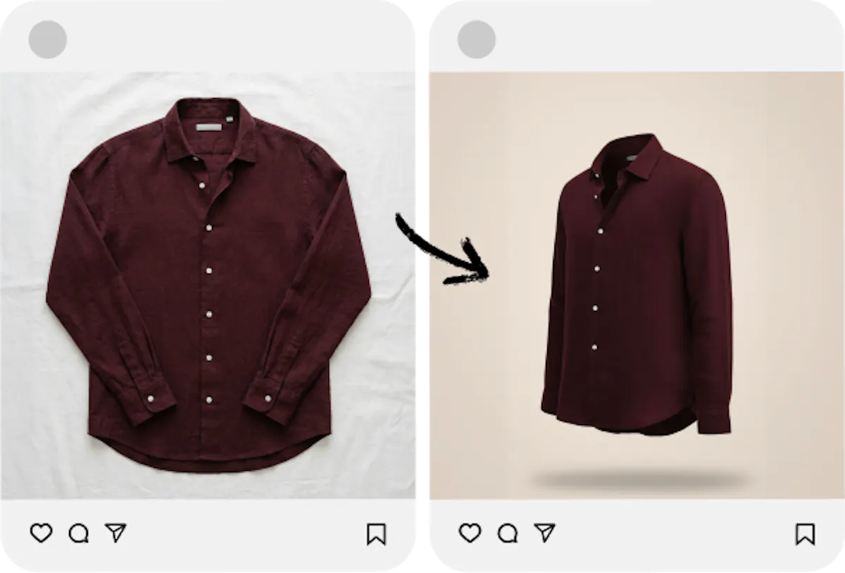 A before after shot. In before shot, a lousy flat lay image uploaded to social media, vs after, where a eye capturing ghost mannequin shot uploaded