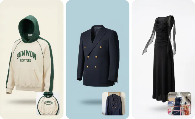 3 different input photos and output ghost mannequin images