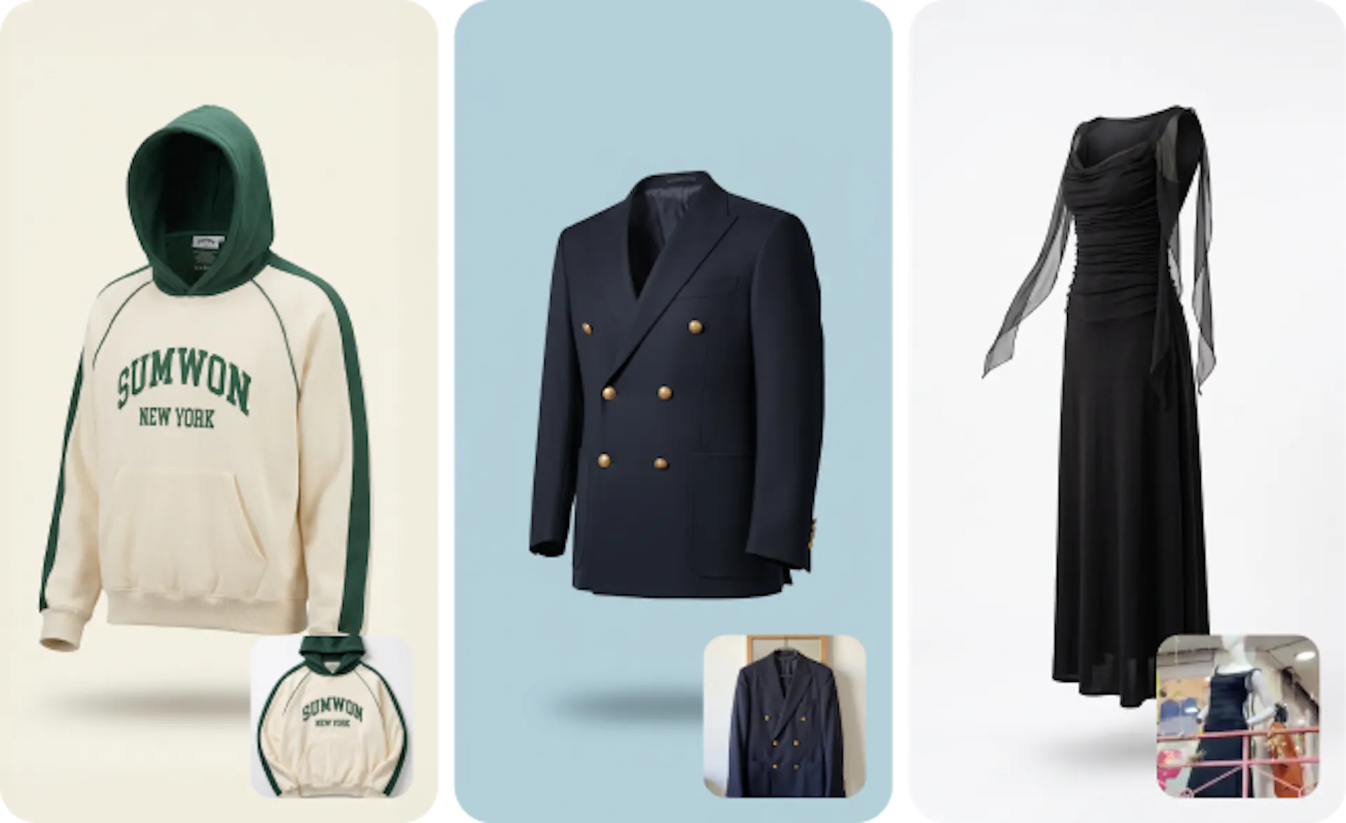 3 different input photos and output ghost mannequin images