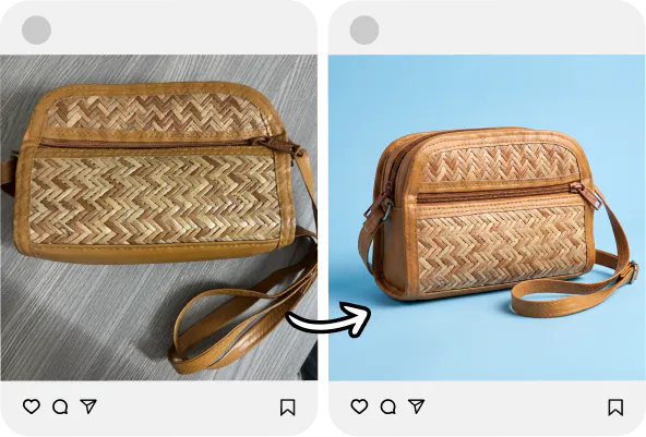 A before after shot of a bag and its output via studio show, as an example of how it can transform your social media.