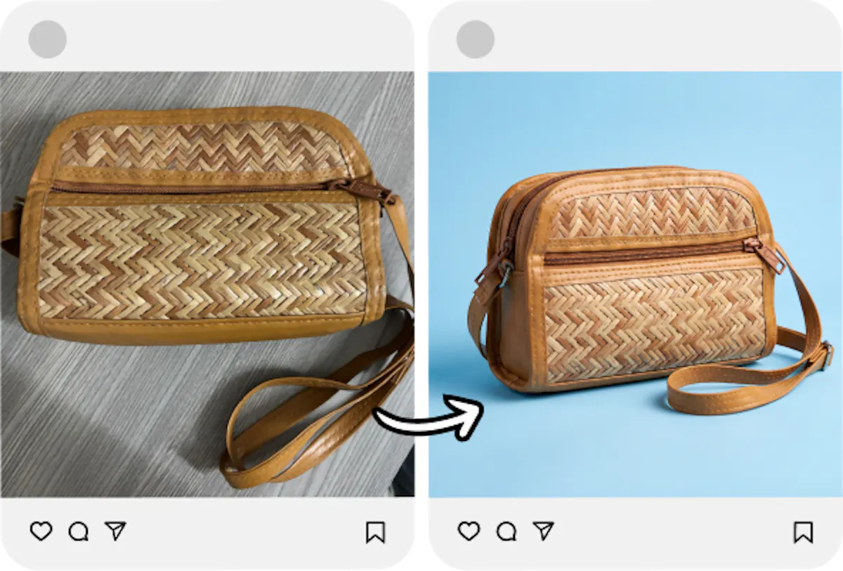 A before after shot of a bag and its output via studio show, as an example of how it can transform your social media. 