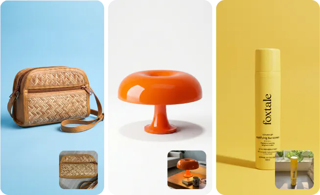 3 examples of studio shot output - a bag, a lamp and a cosmetic