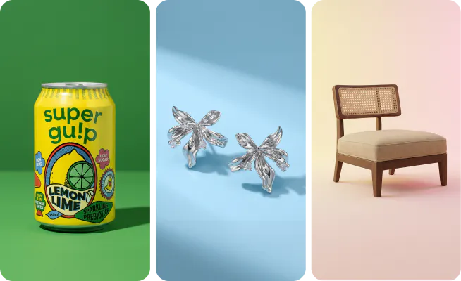 A neat studio shot output showcasing a soft drink, a pair of earrings and a chair