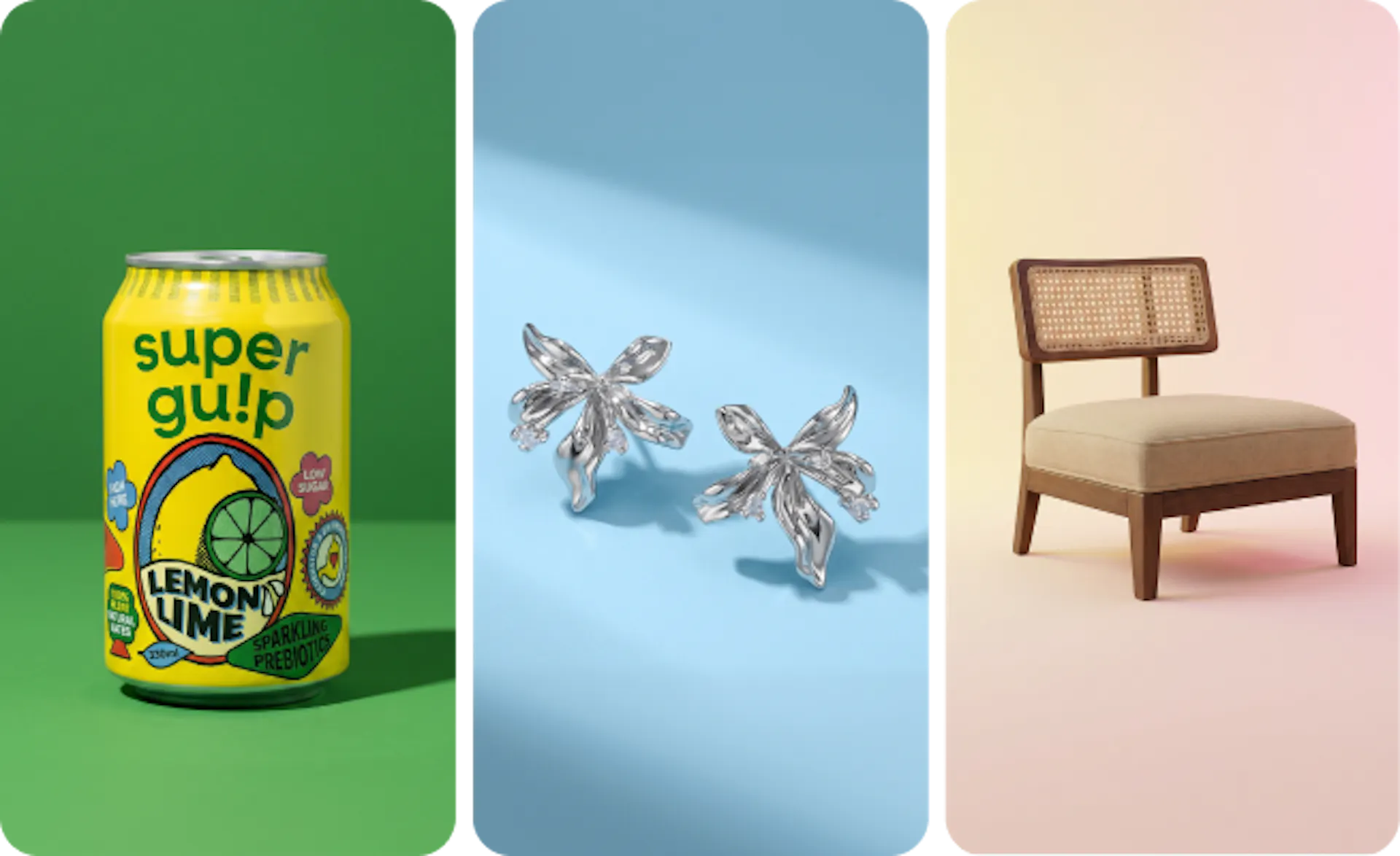 A neat studio shot output showcasing a soft drink, a pair of earrings and a chair