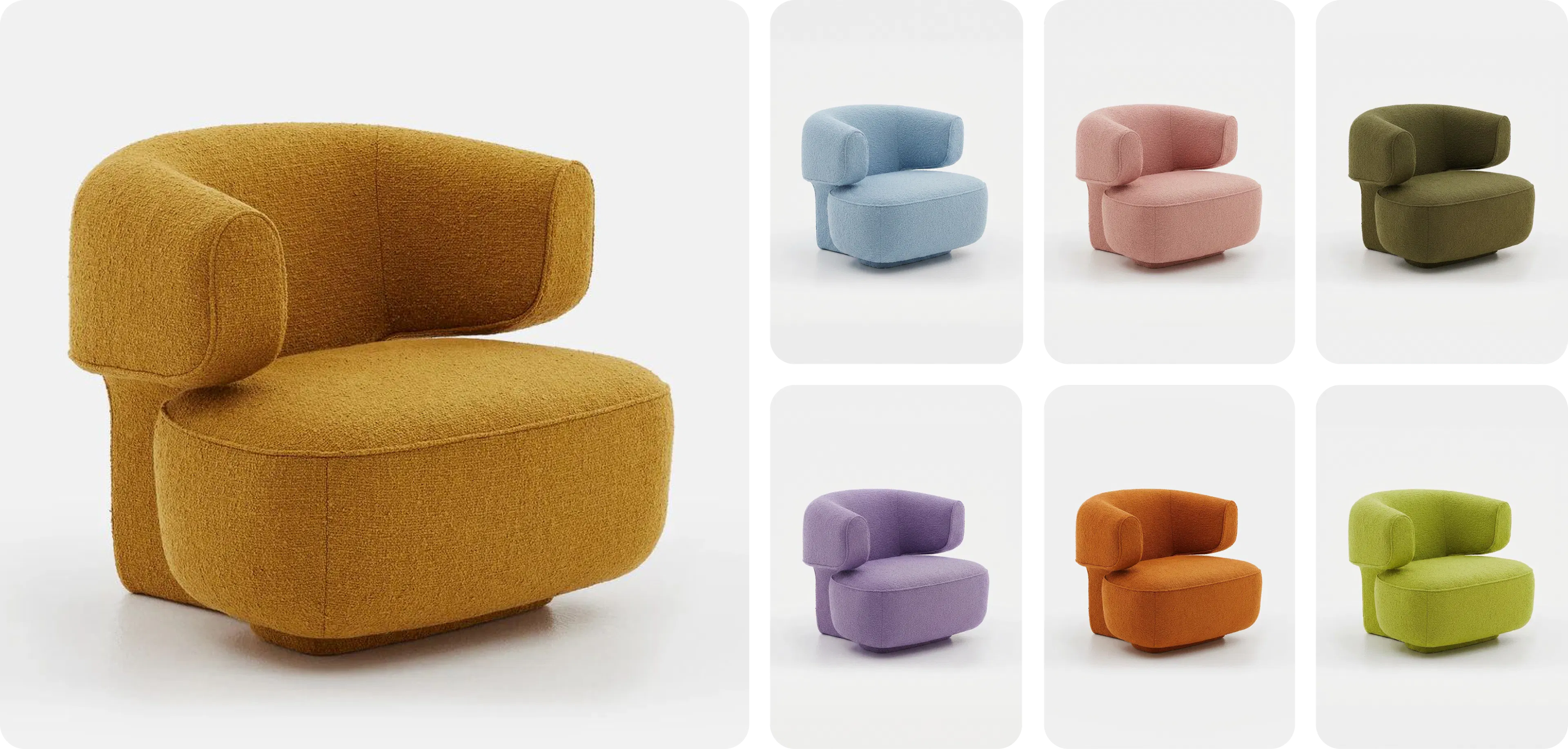 A grid showing a sofa recolored into 6 different colors while still reserving every other detail
