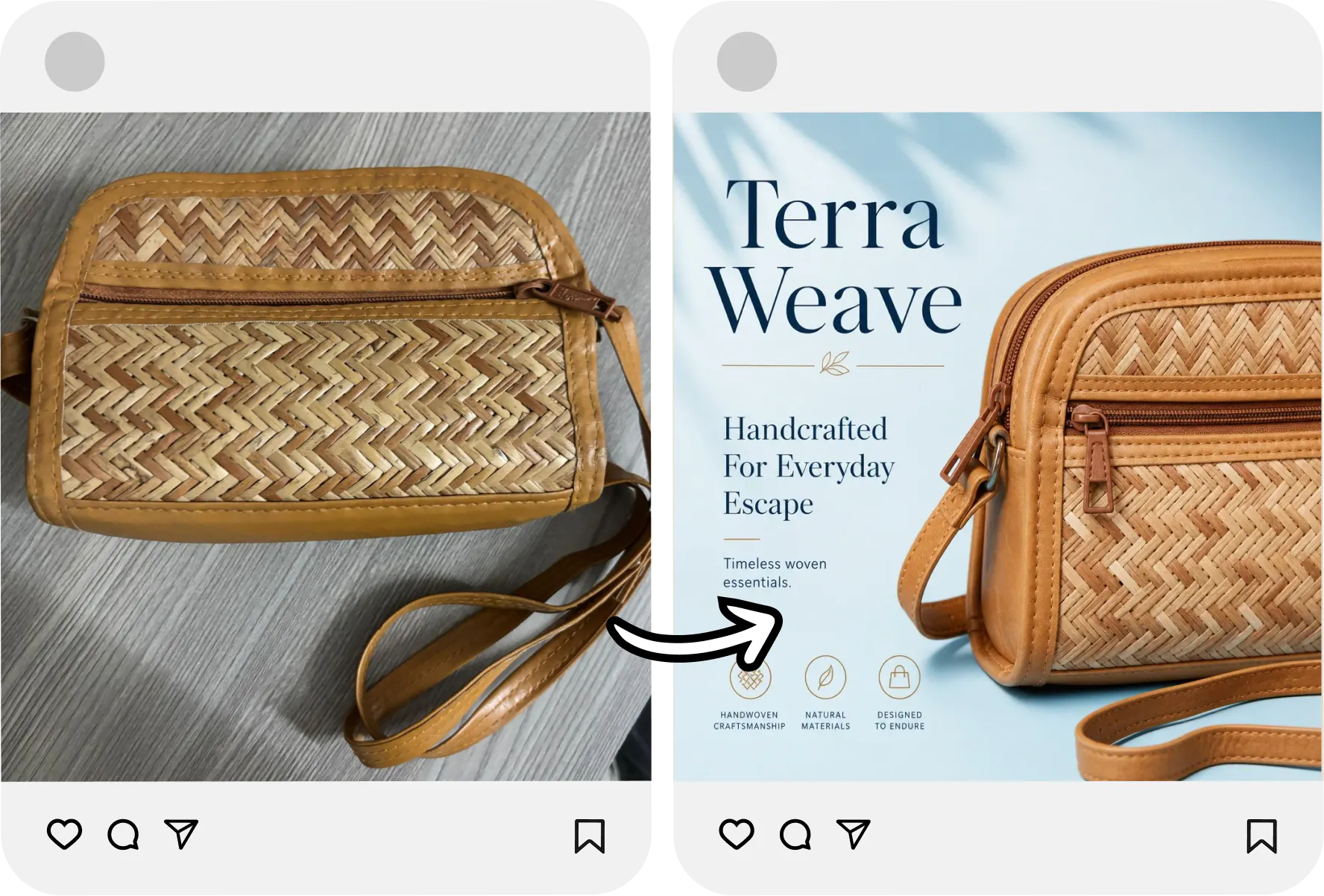 Before Poster Maker: A bad photo of a bag. After Poster Maker: Bag on a poster with fixed lighting and posture