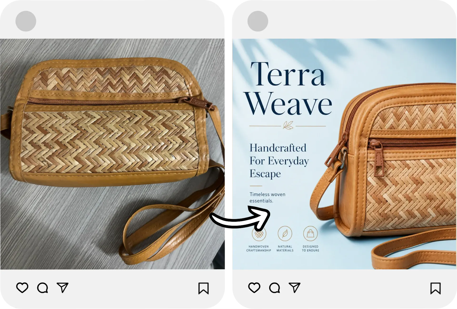 Before Poster Maker:  A bad photo of a bag. After Poster Maker: Bag on a poster with fixed lighting and posture