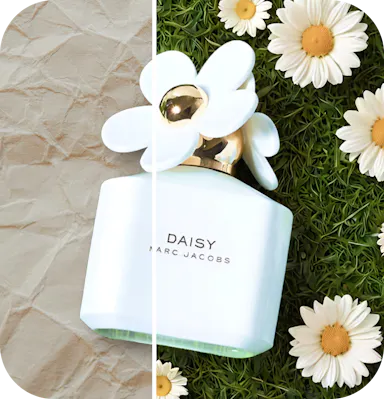 A Before after image of a perfume bottle after background change