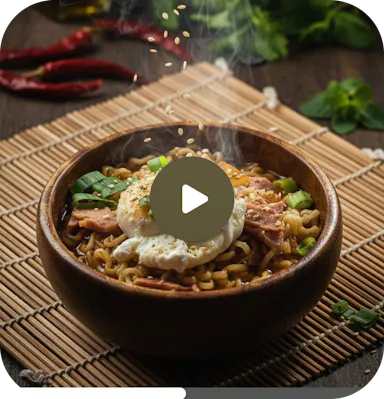 An AI generated video of a bowl of noodles with smoke coming out