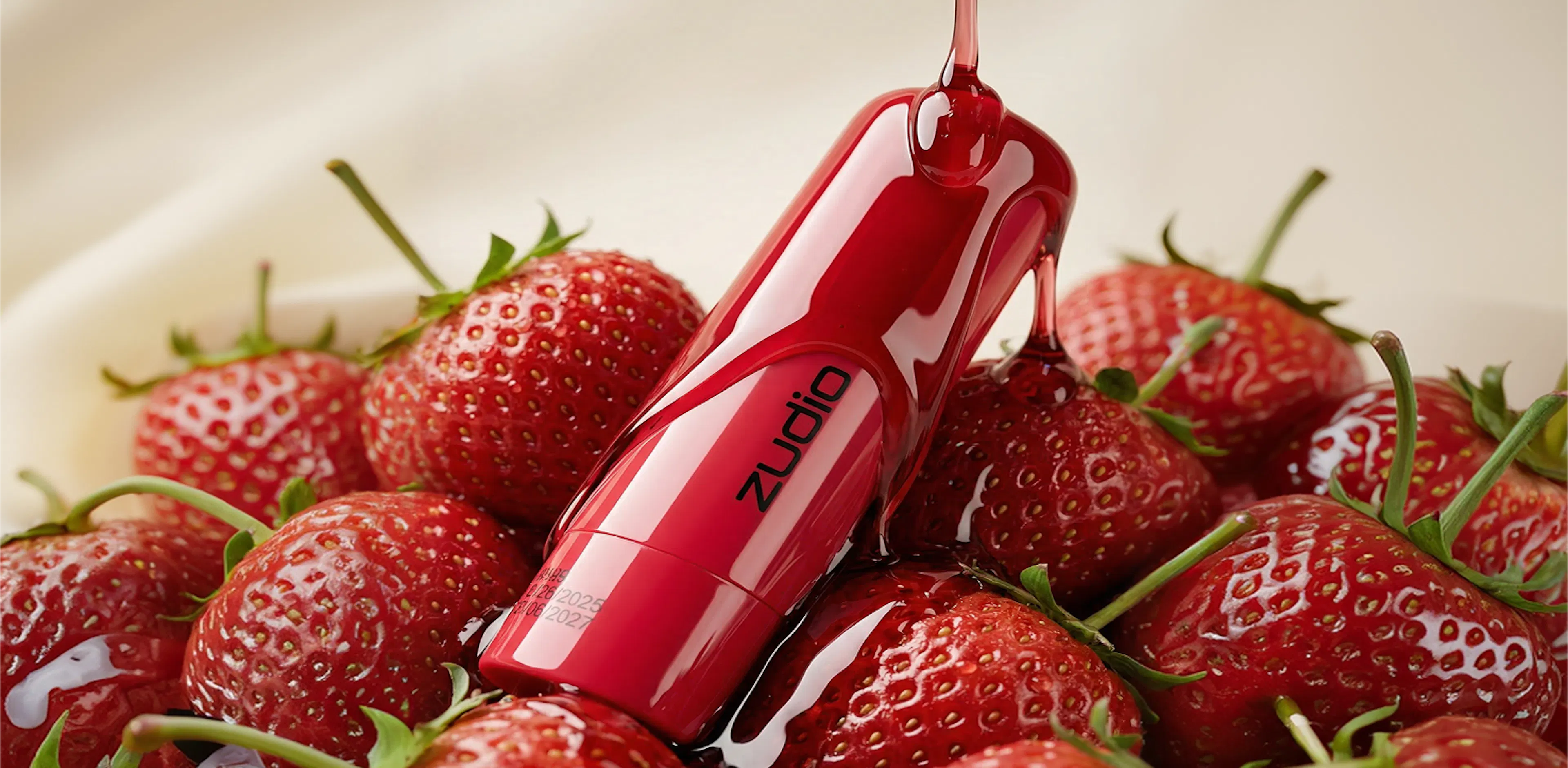 A strawberry flavoured lipstick on a bed of strawberries