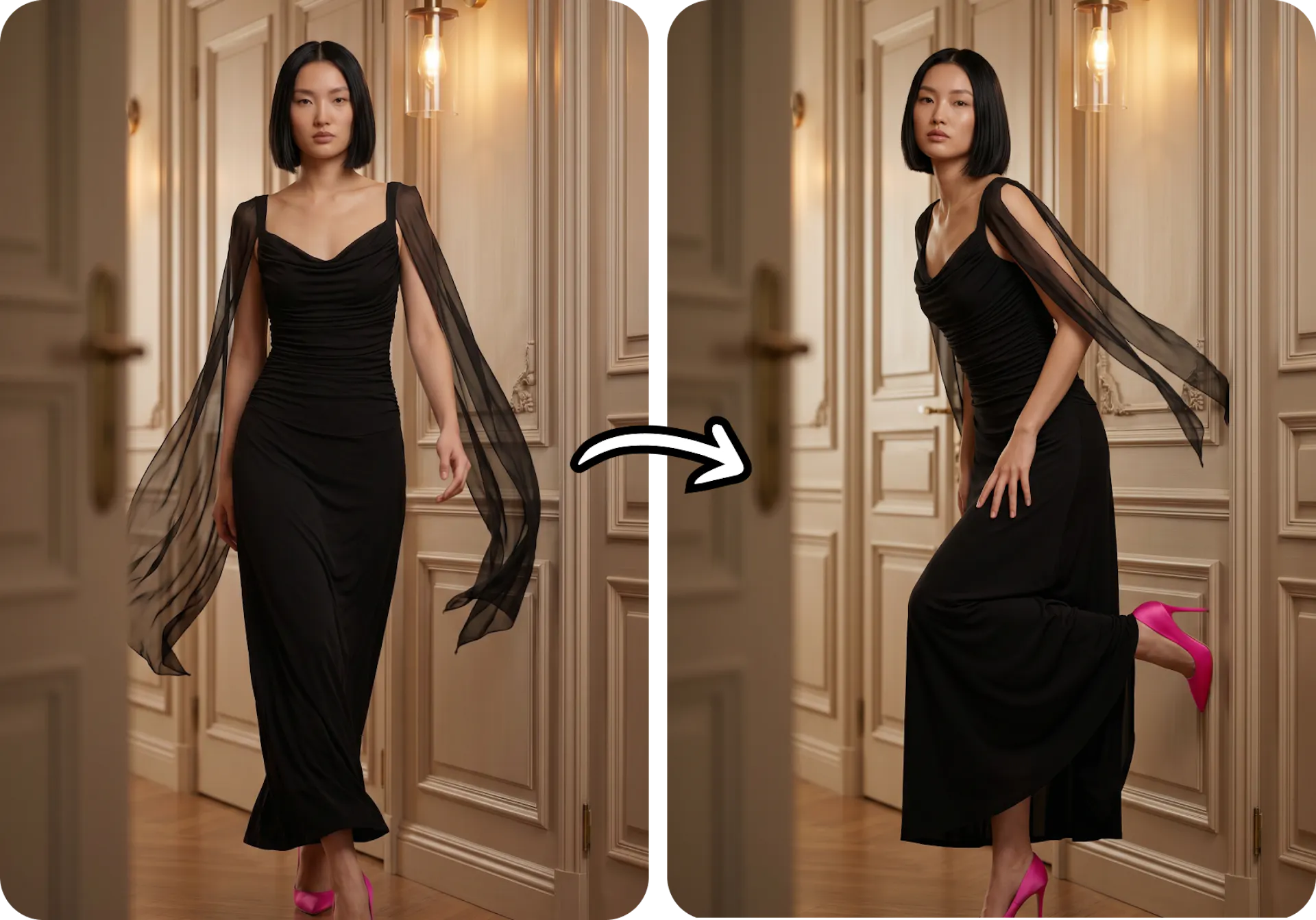 A photo of a before after changing a model photography pose