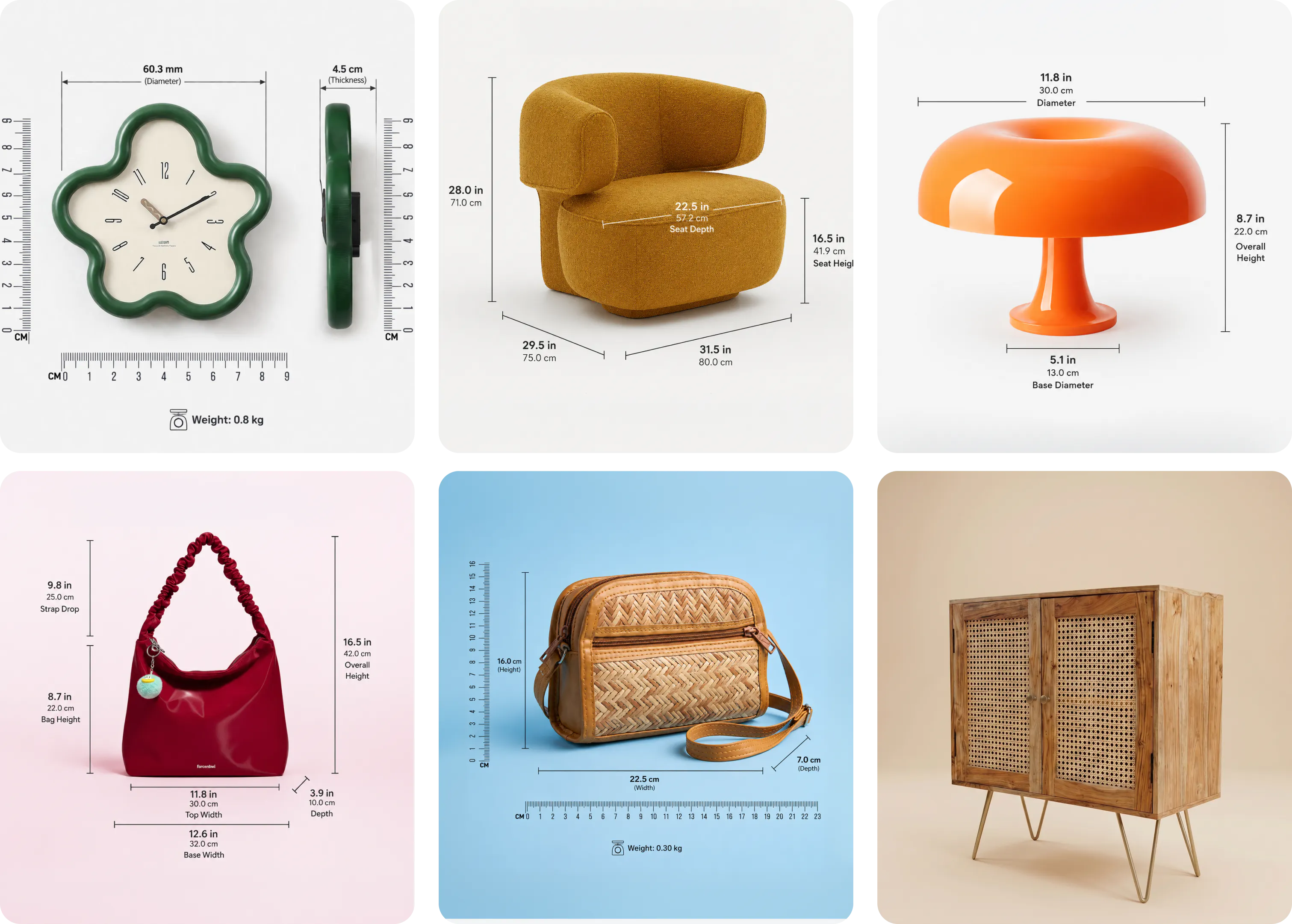 Six product examples with AI-generated product dimension infographics — including a clock, armchair, lamp, handbag, wicker bag, and cabinet
