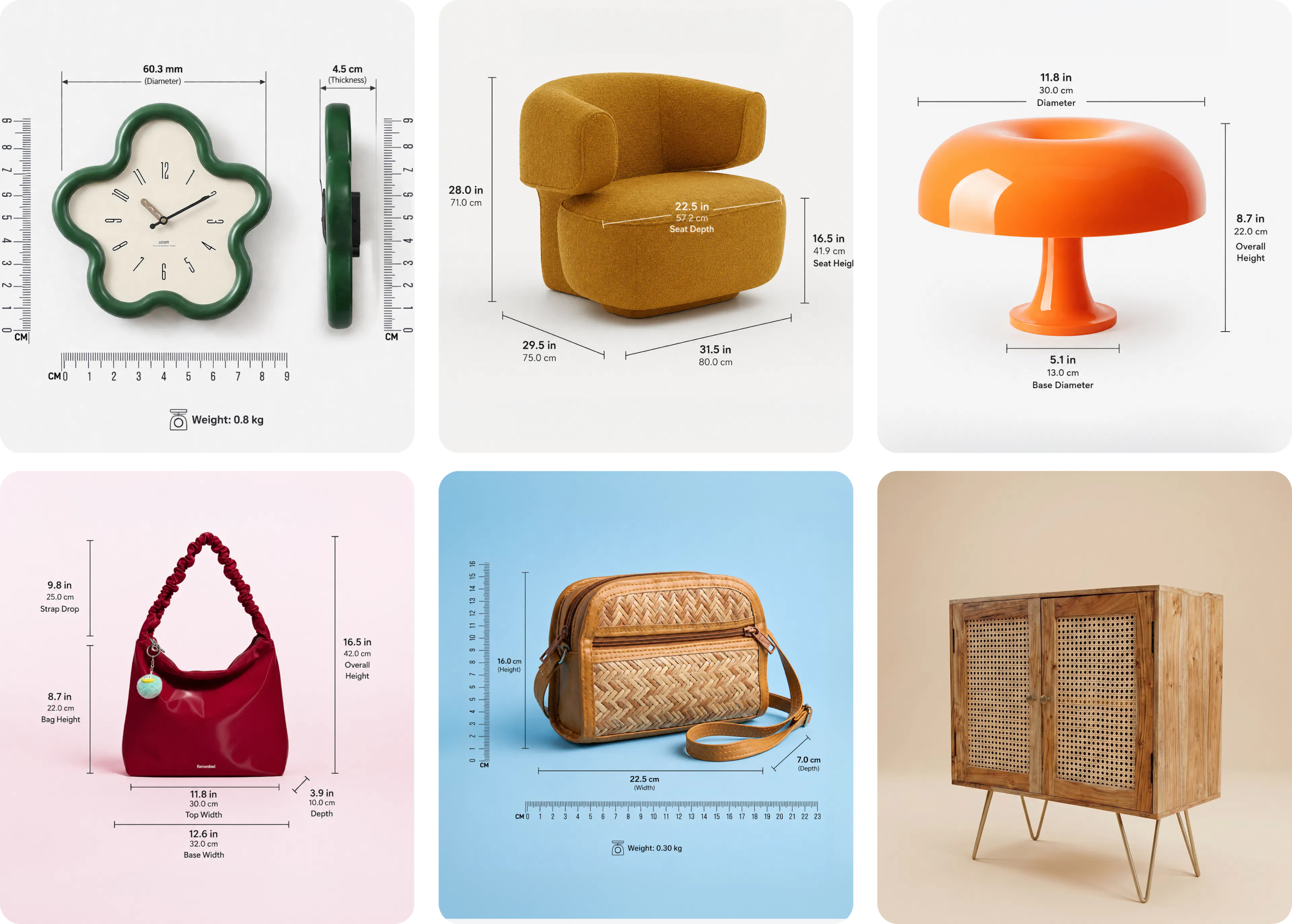 Six product examples with AI-generated product dimension infographics — including a clock, armchair, lamp, handbag, wicker bag, and cabinet