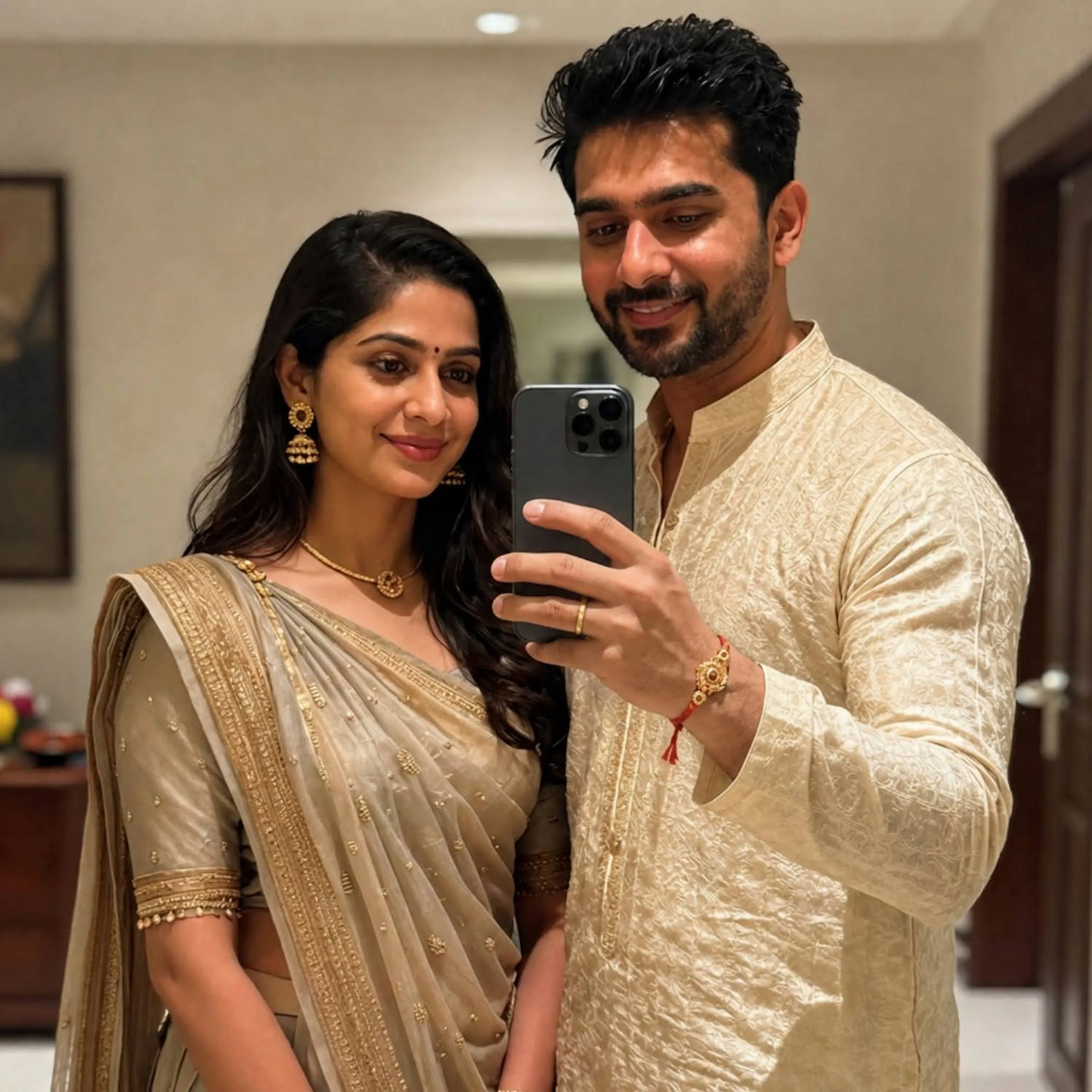 Sibling Mirror Selfie in Ethnic Wear