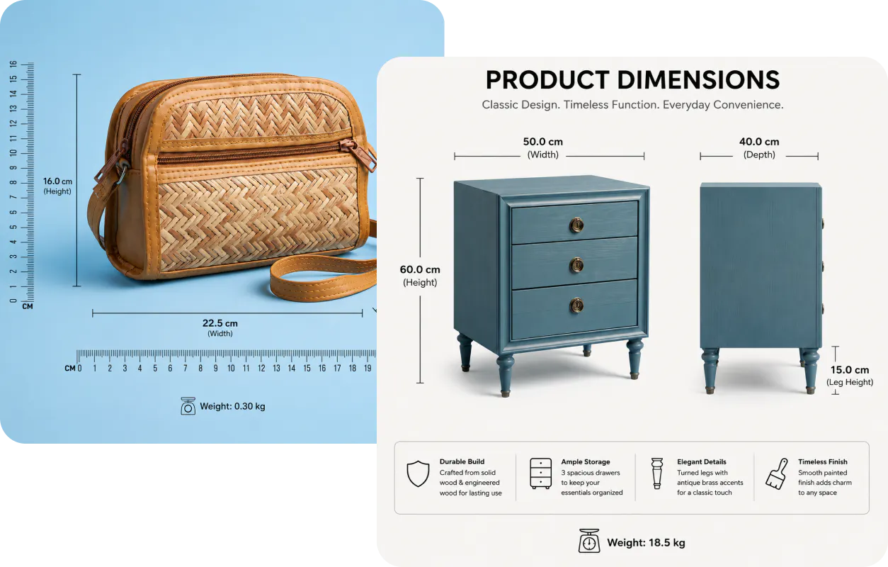 AI-generated product dimension infographic showing a wicker bag and blue bedside table with precise measurement labels