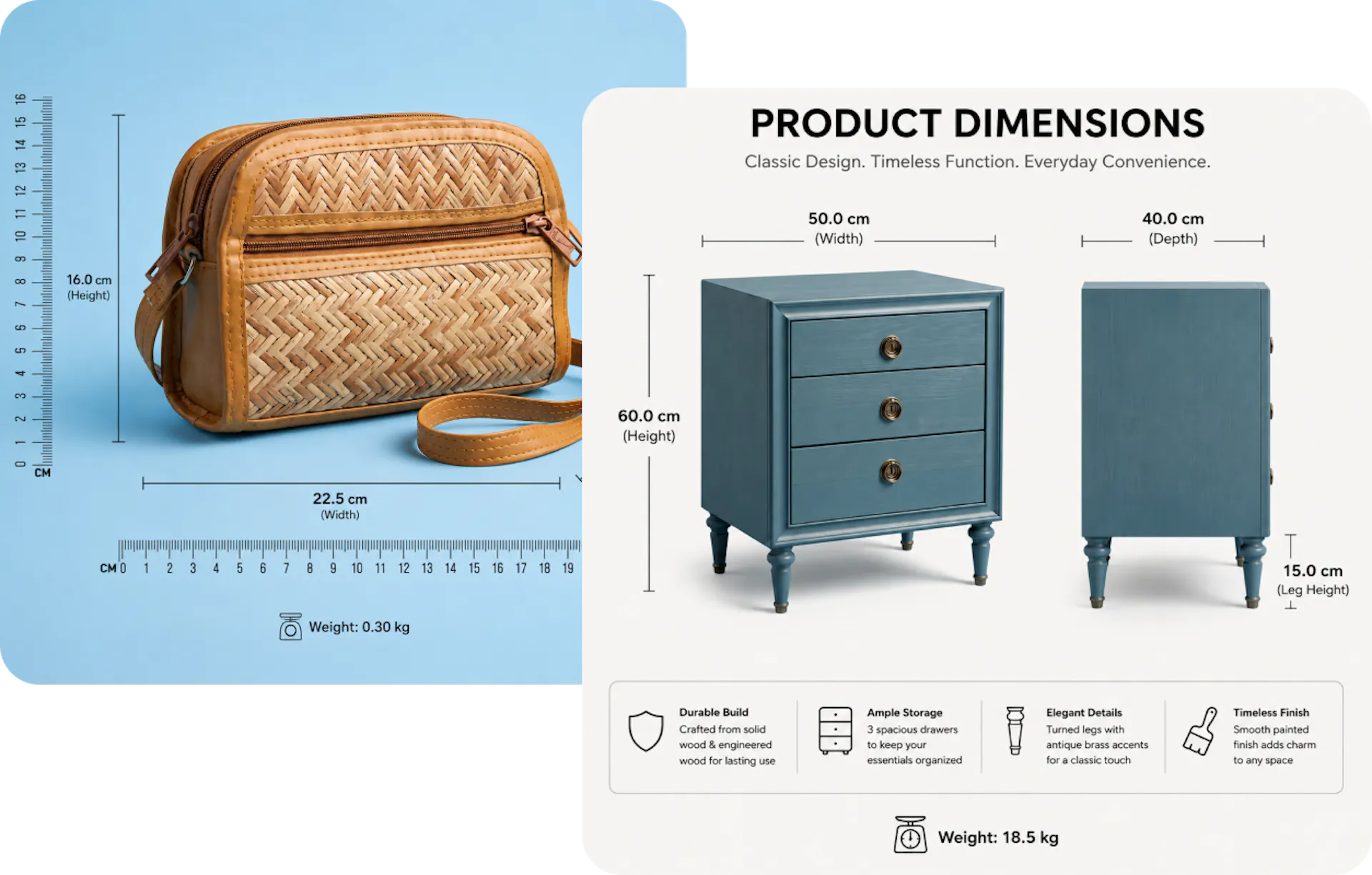 AI-generated product dimension infographic showing a wicker bag and blue bedside table with precise measurement labels