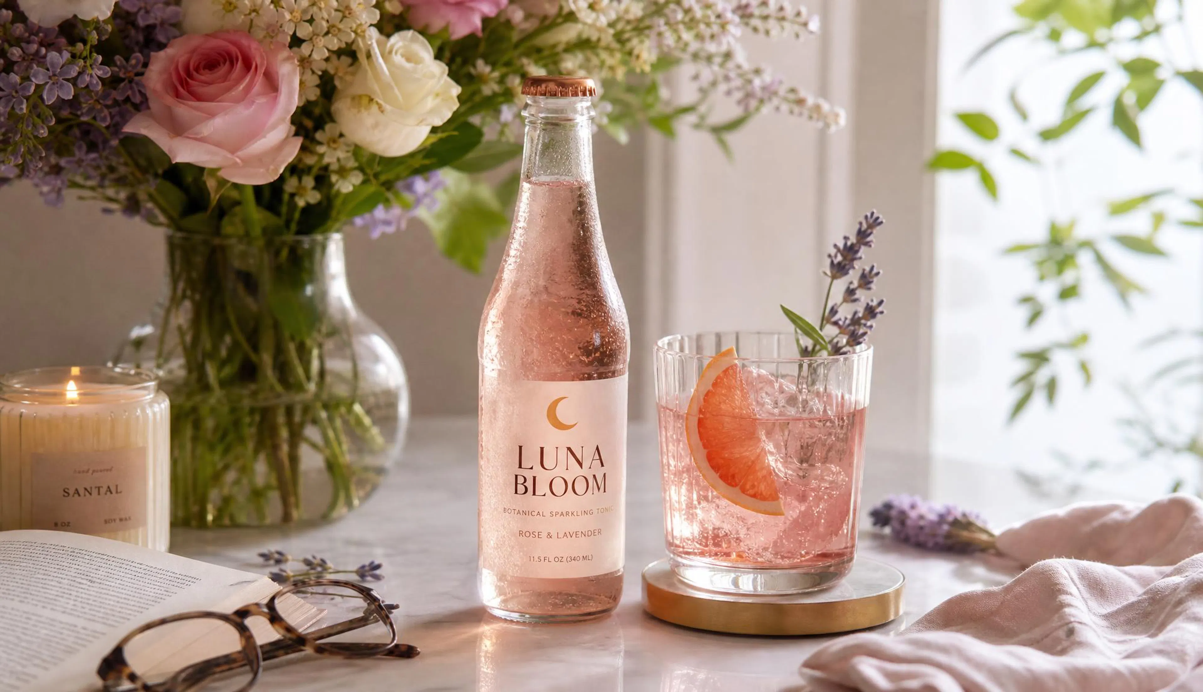 A beverage on a desk, a lifestyle shot that captures the brand, the drink in an everyday setting