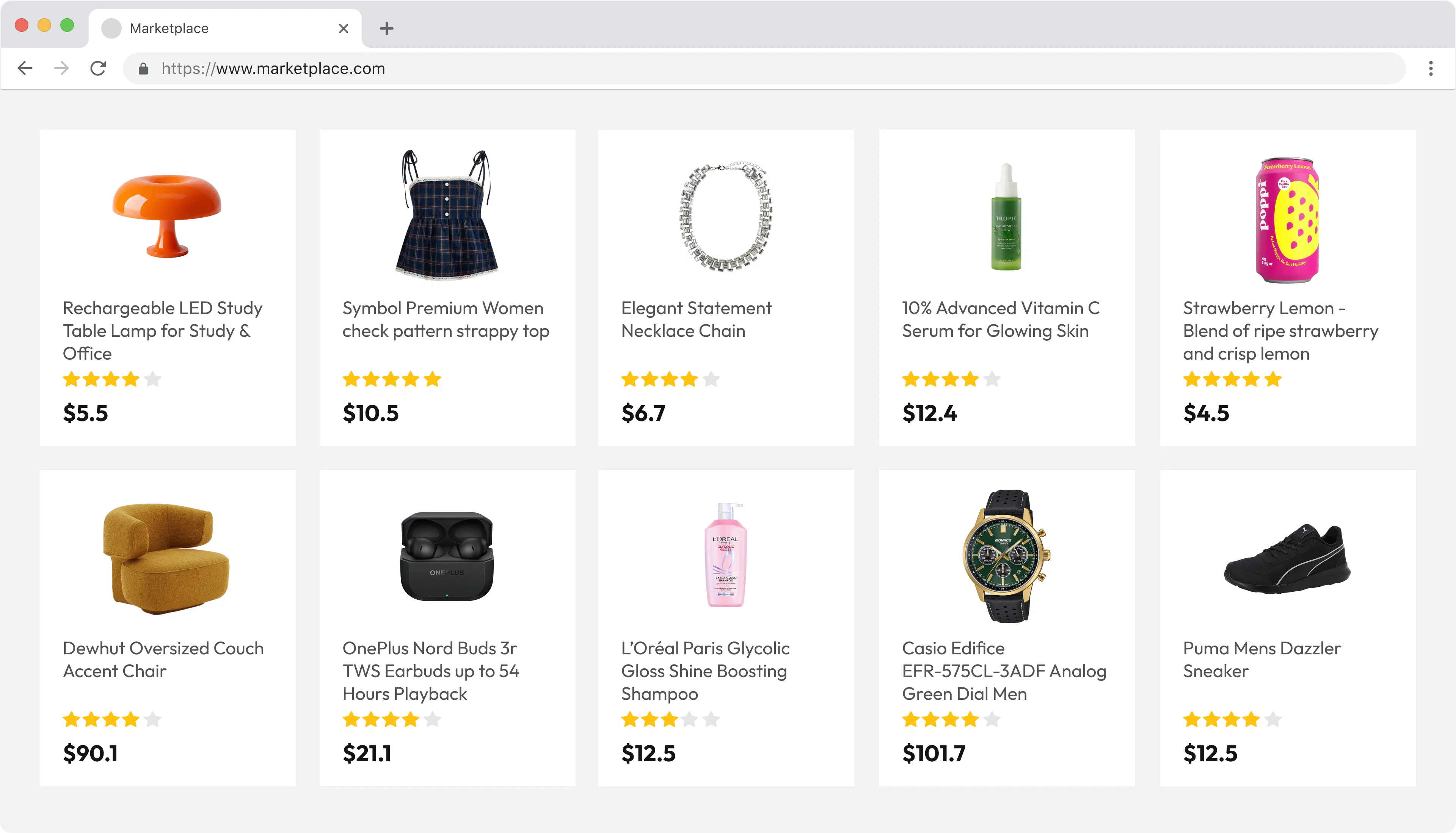 A grid of clean ecommerce listings with clear product imageas