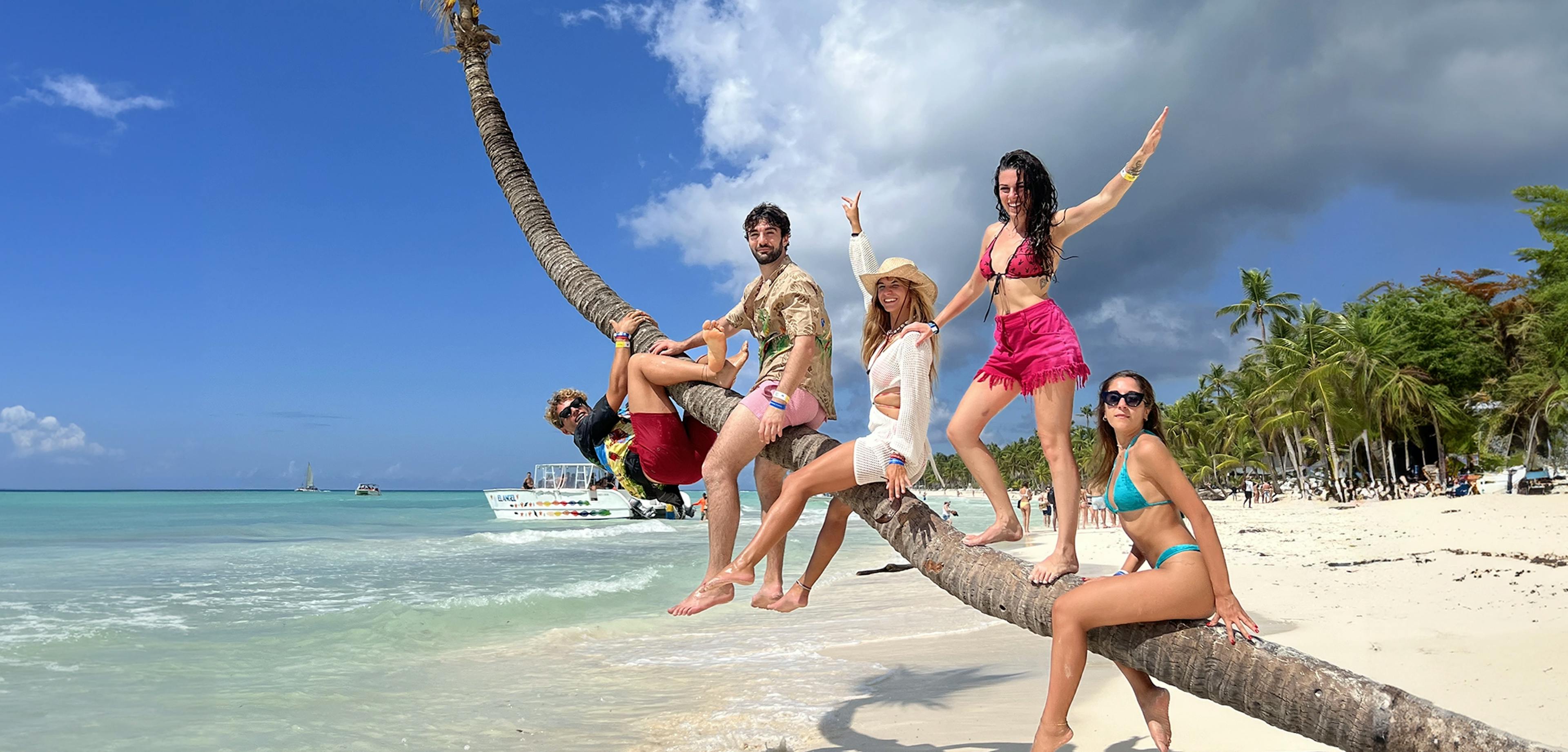 Foto di gruppo su una palma in spiaggia in Repubblica Dominicana