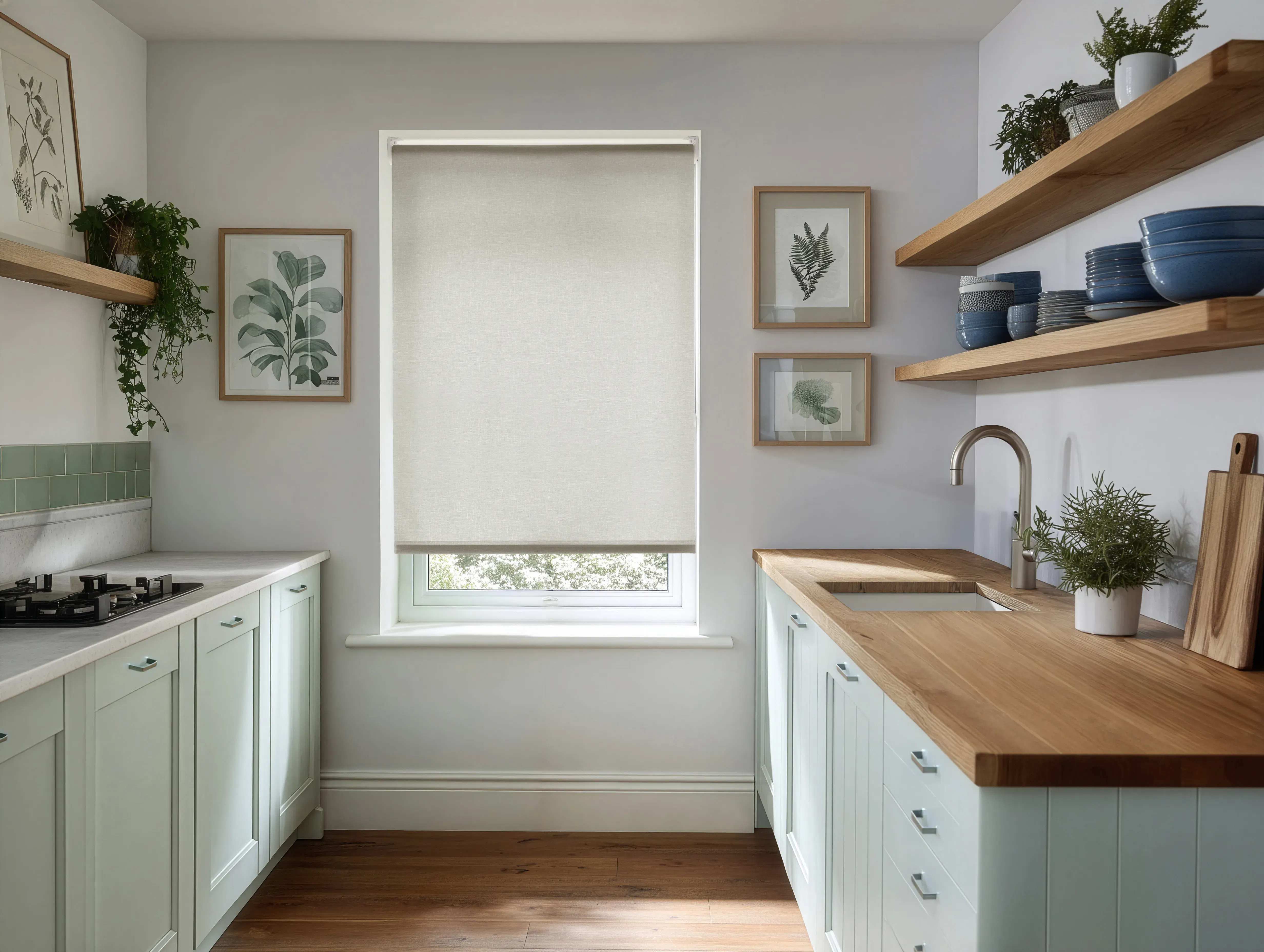Roller blind covers a kitchen window, framed by mint cabinets and wooden countertops, with open oak shelves holding blue dishes and potted plants in a bright