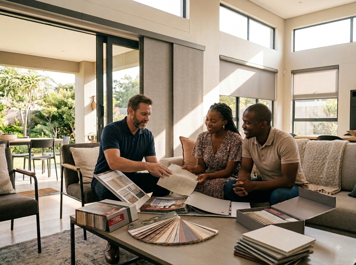 Roller blind sample being examined by a couple with a consultant in a sunlit modern living room, fabric swatches and sample books spread across the coffee