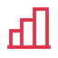 Red icon of a bar chart with three ascending bars, representing data growth or analytics.