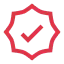 Red icon of a checkmark inside a starburst or badge shape, symbolizing quality assurance or certification.