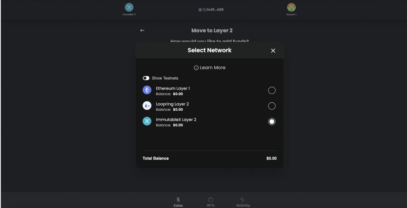 GameStop Wallet Select Network UI