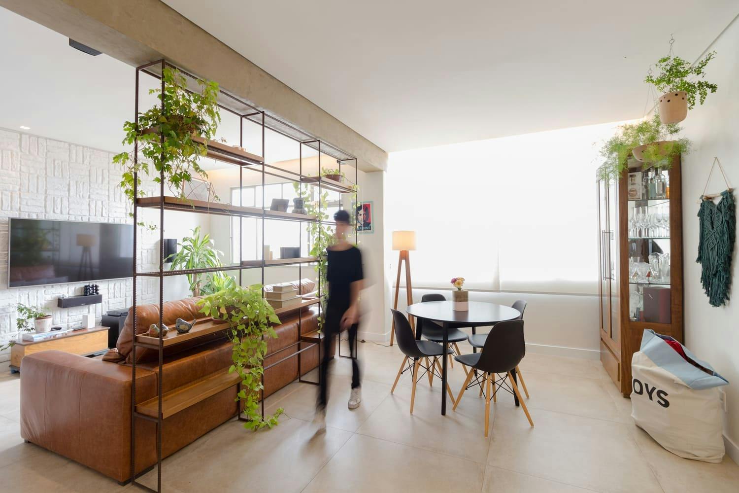 Salón con estanterías y plantas verdes