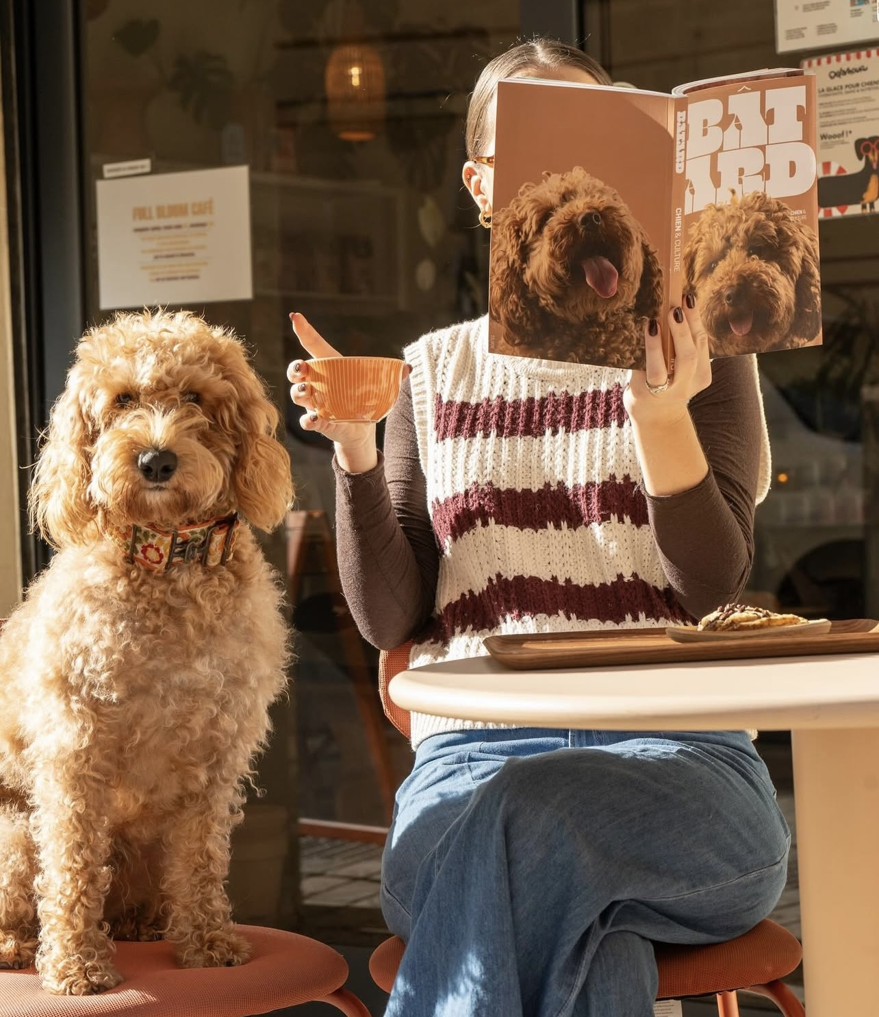 Personne buvant un café et lisant un magazine avec son chien à coté