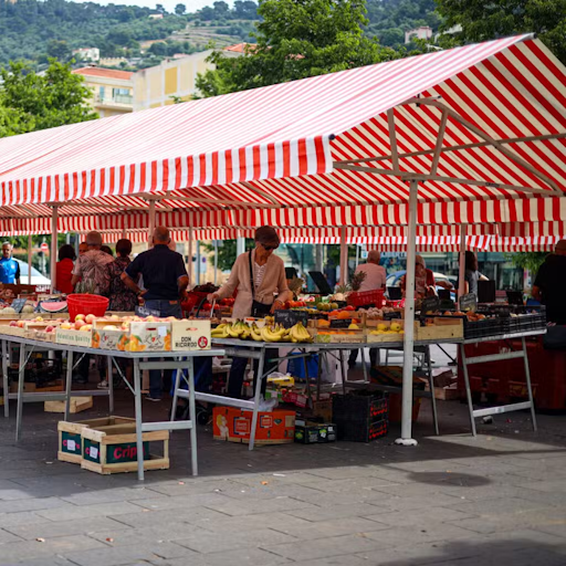 Étals et personnes faisant leur marché