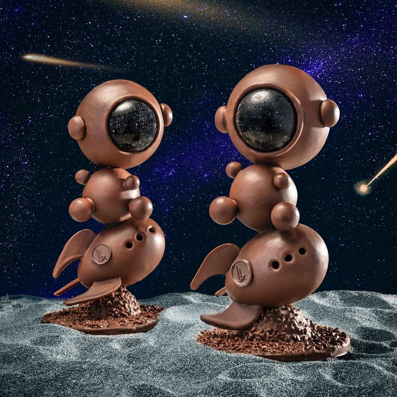 Création style astronaute en chocolat au lait et noir