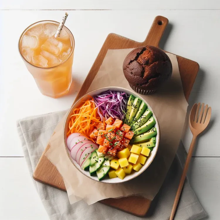 Poké bowl servi sur une planche avec muffin et thé glacé