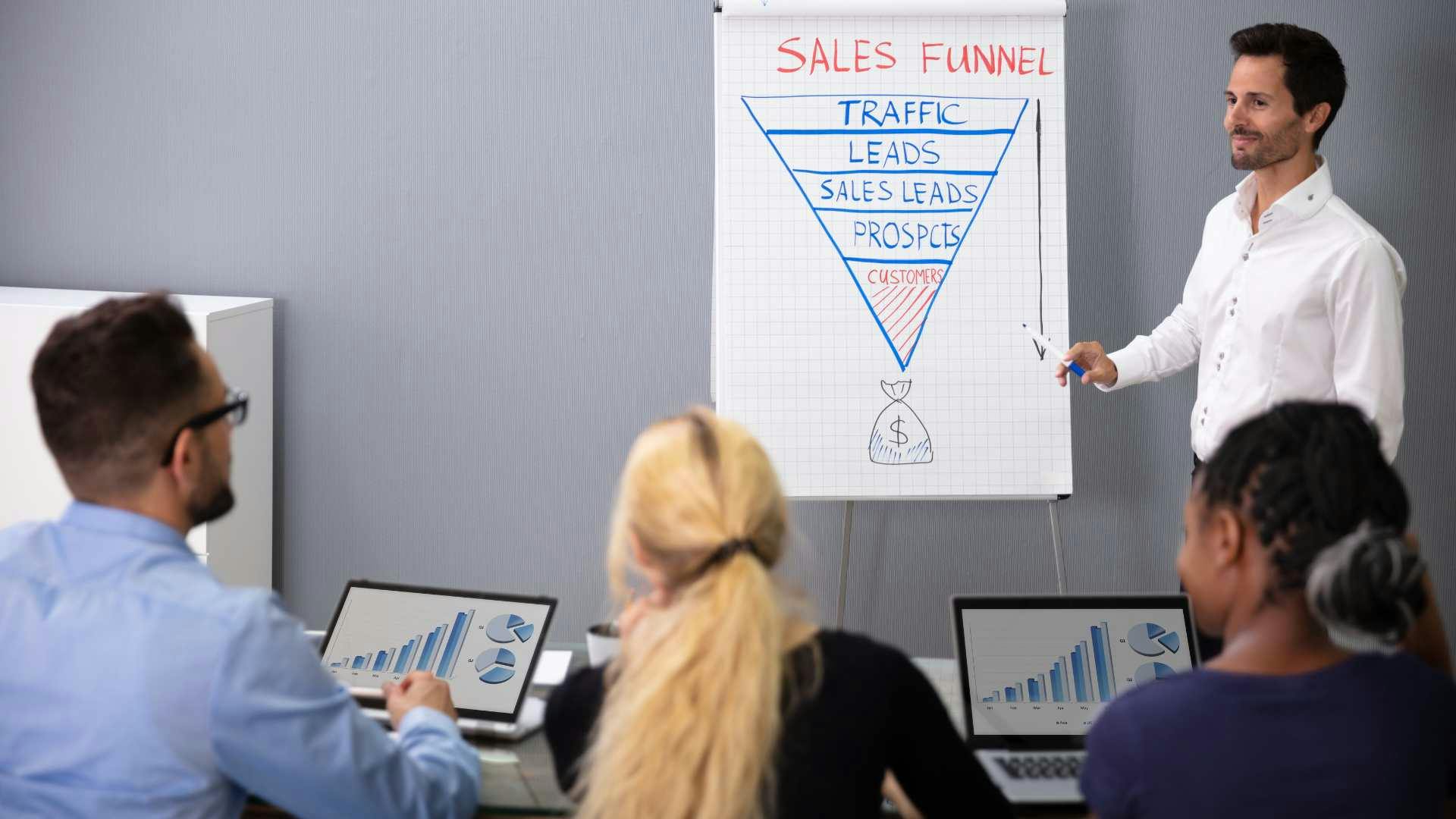 Empresarios y emprendedores aprendiendo lo que es un funnel de ventas