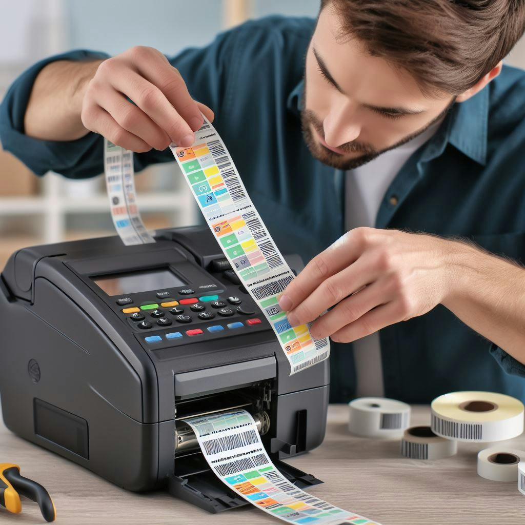 Usuário trocando o papel de impressora de etiqueta