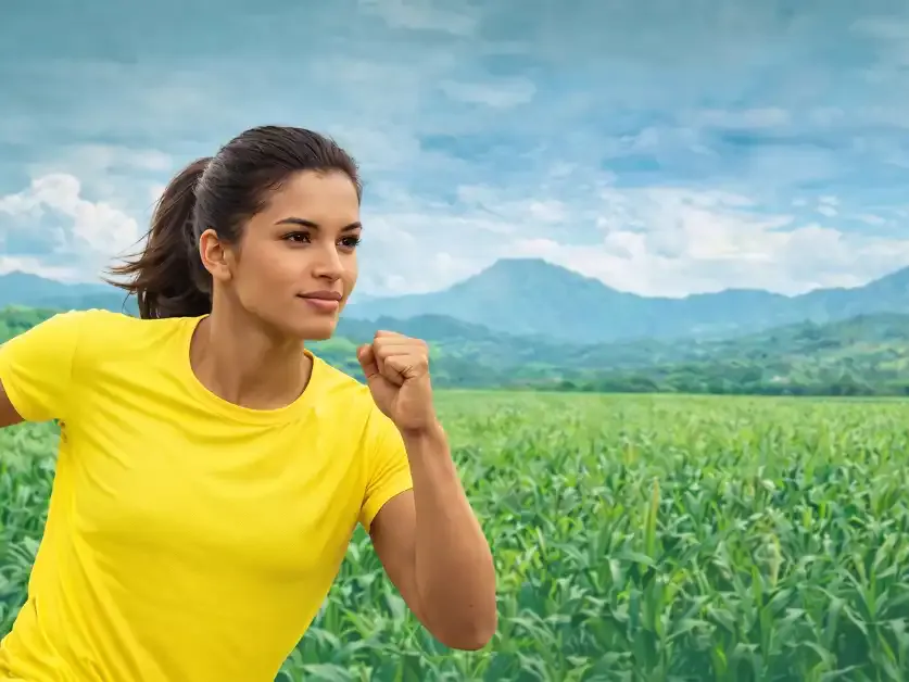 Mulher com expressão de força e determinação, vestindo camiseta amarela, em campo de milho verde com montanhas ao fundo. Ilustração referente ao evento Corrida do Milho em Patos de Minas/MG