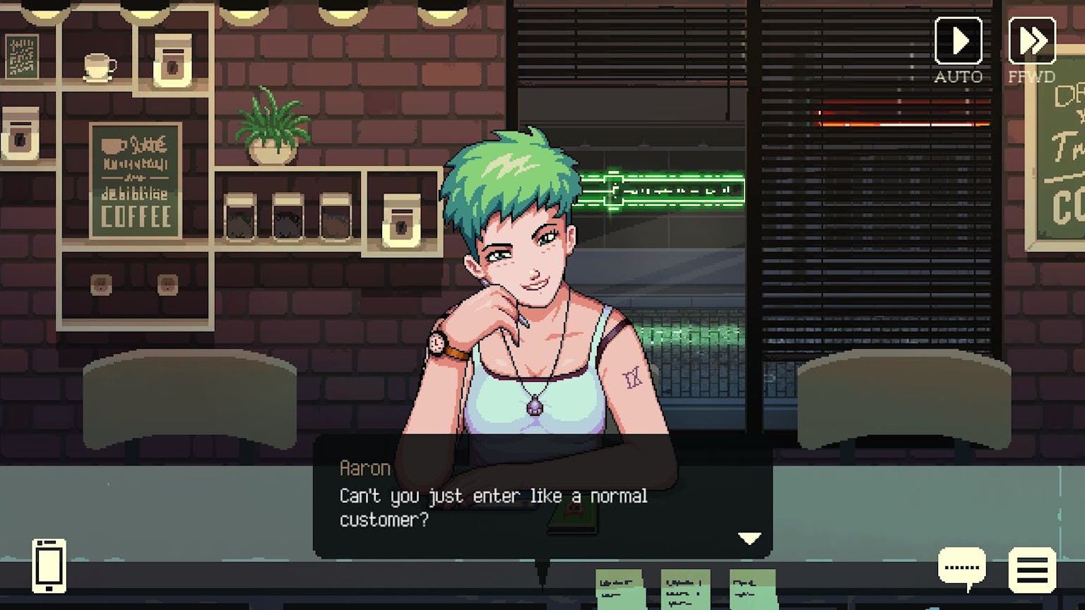 Conversation with a customer, a tattooed woman with green hair. The player asks, "Can't you just enter like a normal customer?"