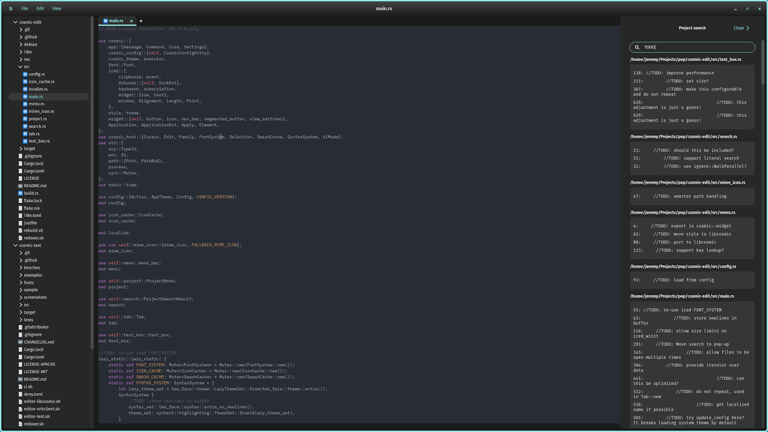 This screenshot of the COSMIC Text Editor shows someone searching their projects for “TODO”. The results show a list of TODO tasks for the text editor, as well as the file path where each are found.