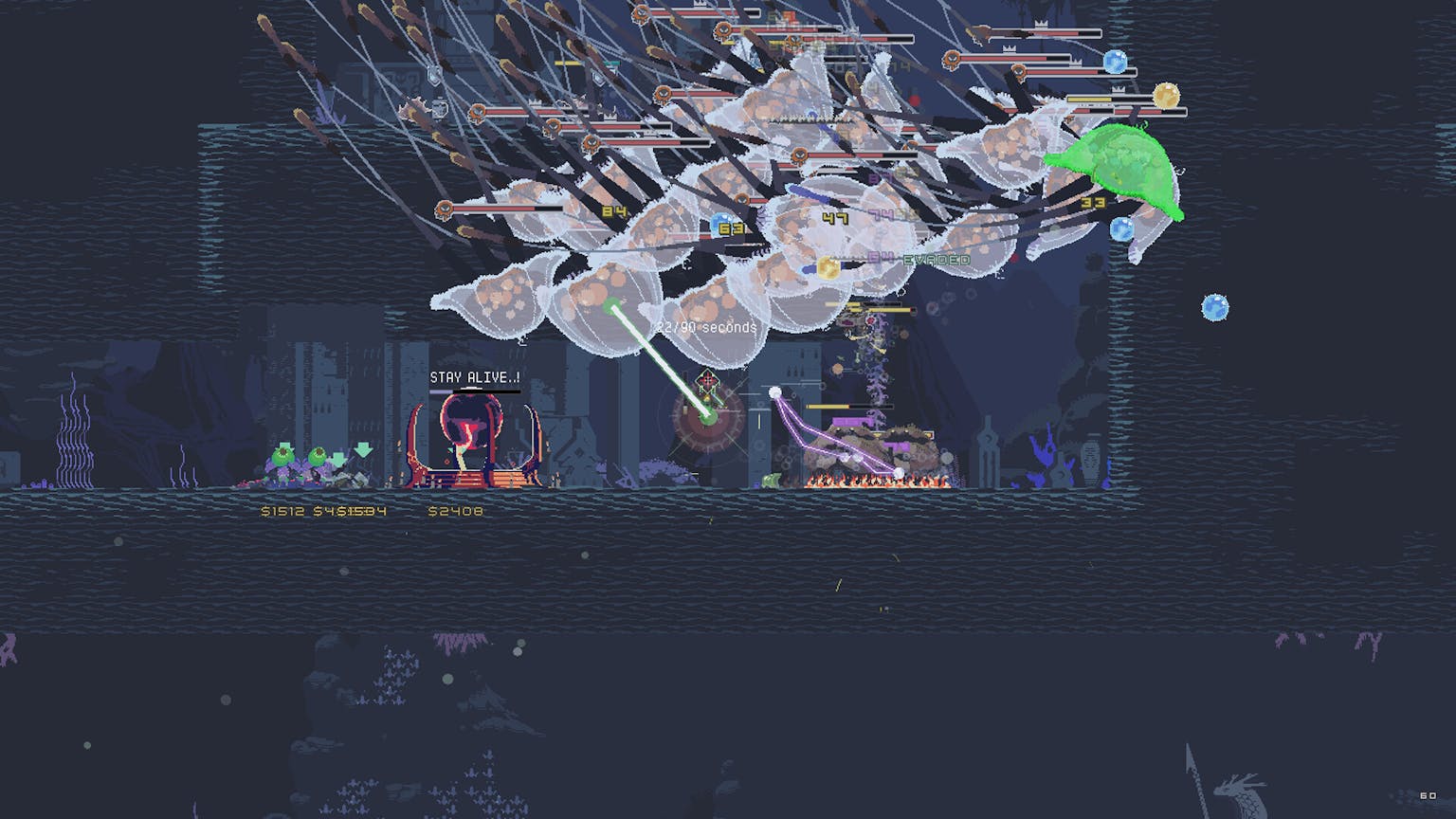 A player in Risk of Rain Returns is swarmed by a multitude of enemies. Their survival in part depends on their computer's ability to keep up...as well as their own.