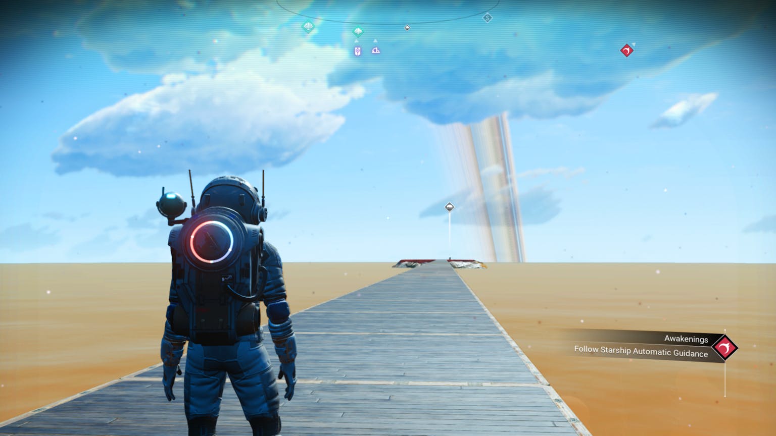 A No Man's Sky astronaut gazes across a bridge over water on a partly cloudy day. He stares beyond the horizon at the planet's rings and ponders his existence. Who is he? Why is he? What does he have to do to tame a sky worm? Important questions, indeed.