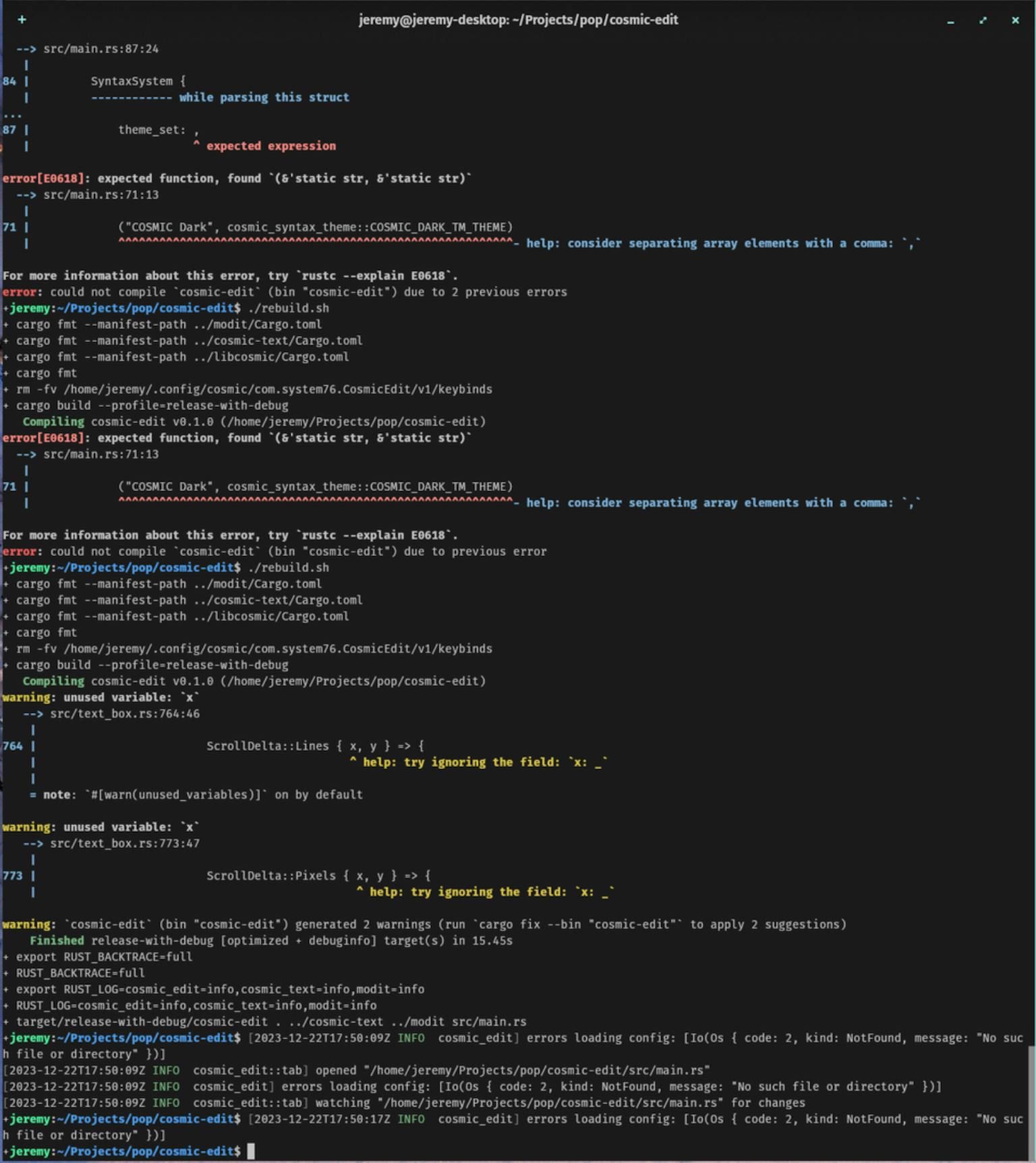 A screenshot of COSMIC Terminal, featuring multicolor syntax highlights.