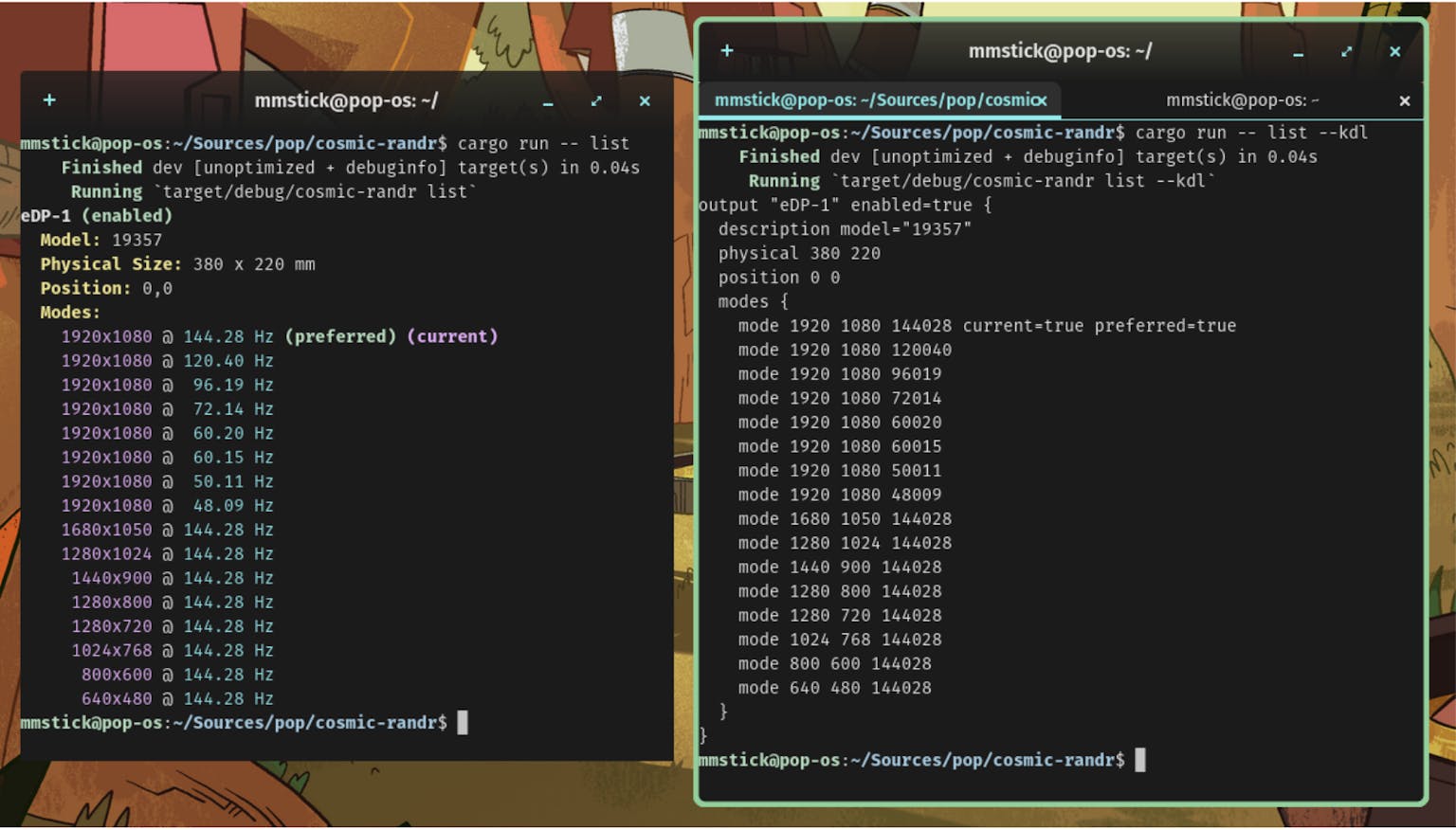 This screenshot shows two terminals: one which has output a list of display modes, and one one which shows the commands for changing the current and preferred display mode.